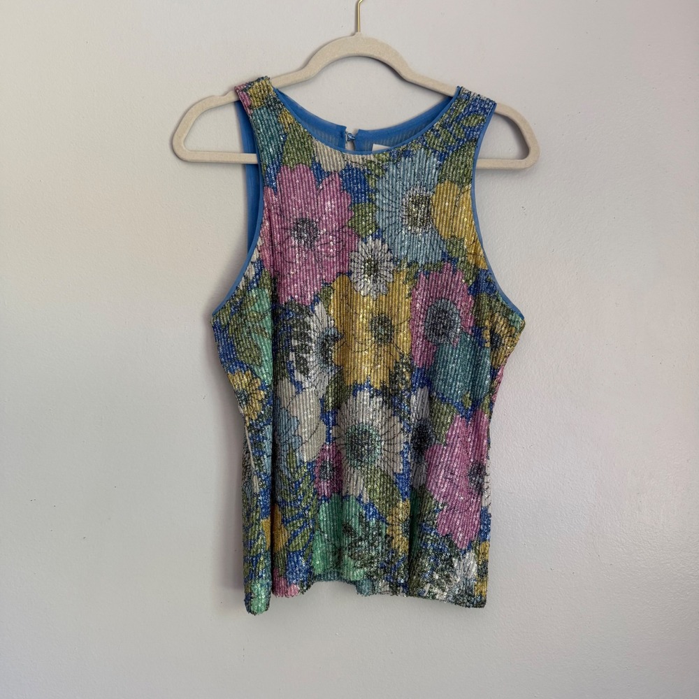 On 34th Womens Sequin Floral Sleeveless Top‎ Multi Color Pleated Mesh Lined M